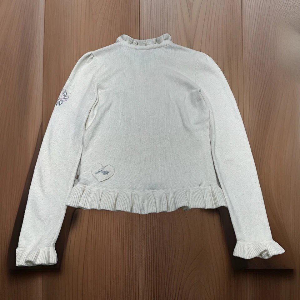 Juicy Couture Vintage Marfil Tejido Suéter Volantes Cremallera Completa Chaqueta Cárdigan Talla 14 Foto 3 de 4