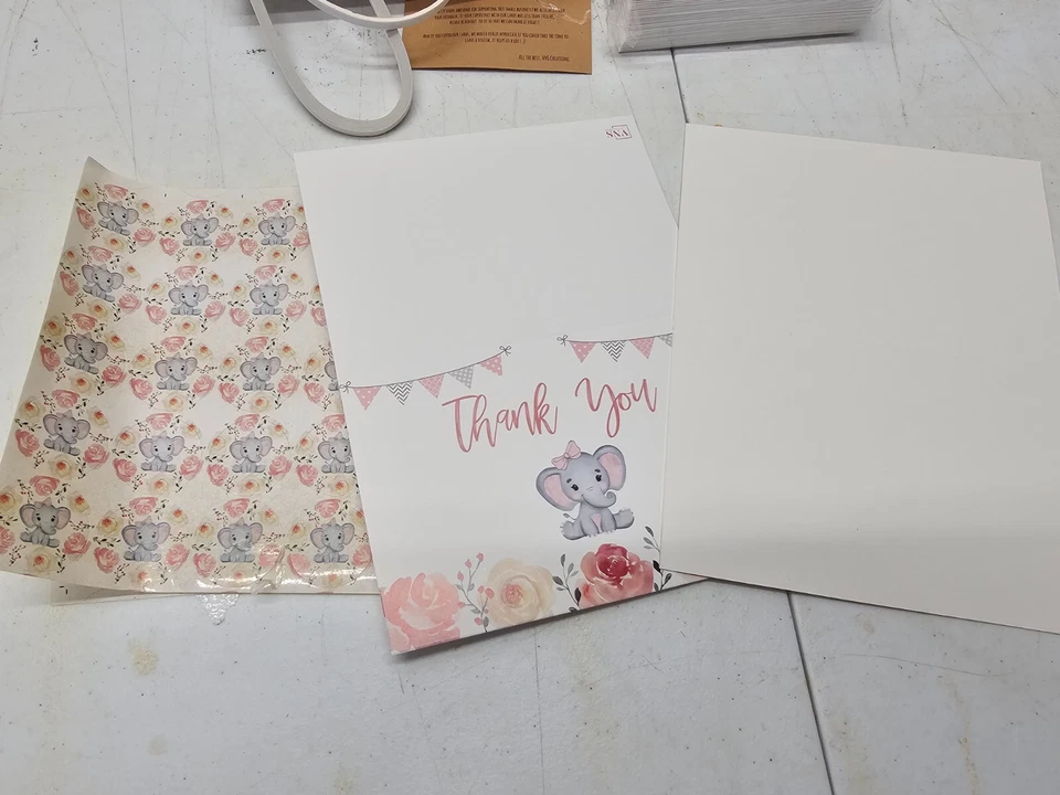 Tarjeta de agradecimiento VNS Baby Shower 50 tarjetas y sobres pegatinas elefante rosa niña Foto 2 de 2