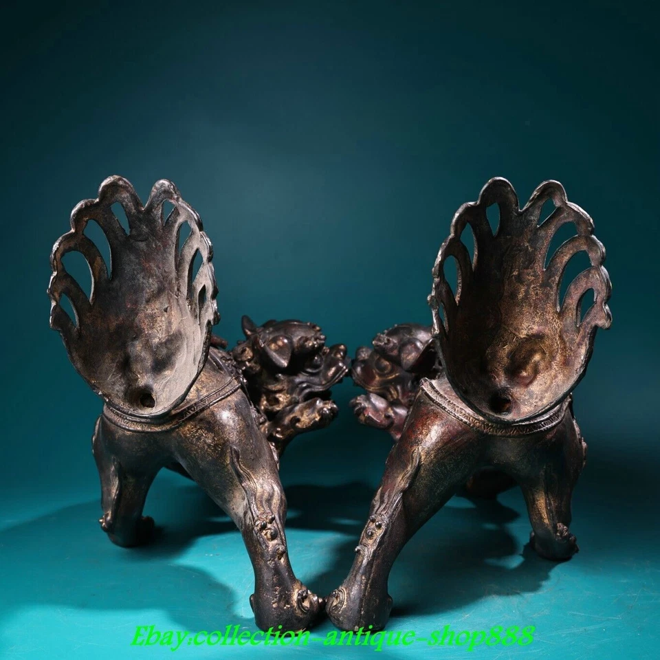 10" Old Chinese Bronze Gilt Fengshui Dragon Foo Fu Dog Guardion Lion Statue Pair - Image 4 of 4