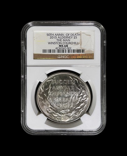 ALDERNEY. 2015, 5 Pounds - NGC MS68 - Top Pop 🥇 Winston Churchill, The Man - Picture 2 of 8