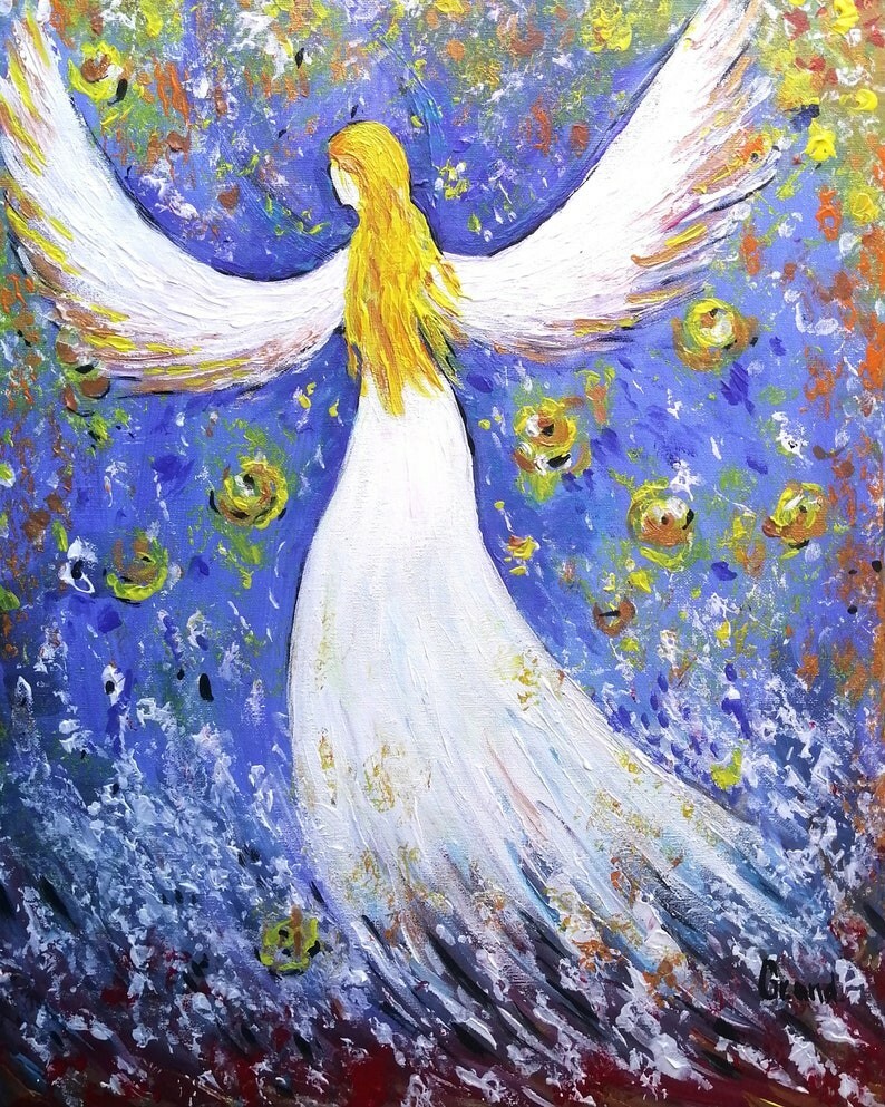 Fliegender Engel mit offenen Flügeln Malerei, Weihnachtsgeschenkidee, Originalkunstwerk