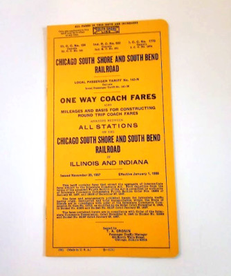 Chicago South Shore And South Bend Railroad Coach Fares 1967 Excellent Condition