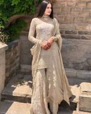 DESIGNER HEAVY CHINON SILK TOP SHARARA WITH DUPATTA FOR PARTY  RECEPTION WEAR