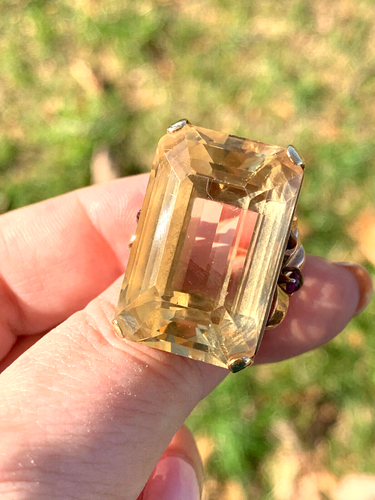 VINTAGE 14K YELLOW & ROSE GOLD HUGE EMERALD CUT CITRINE RUBY BOW RING STATEMENT - 第 2/24 張圖片