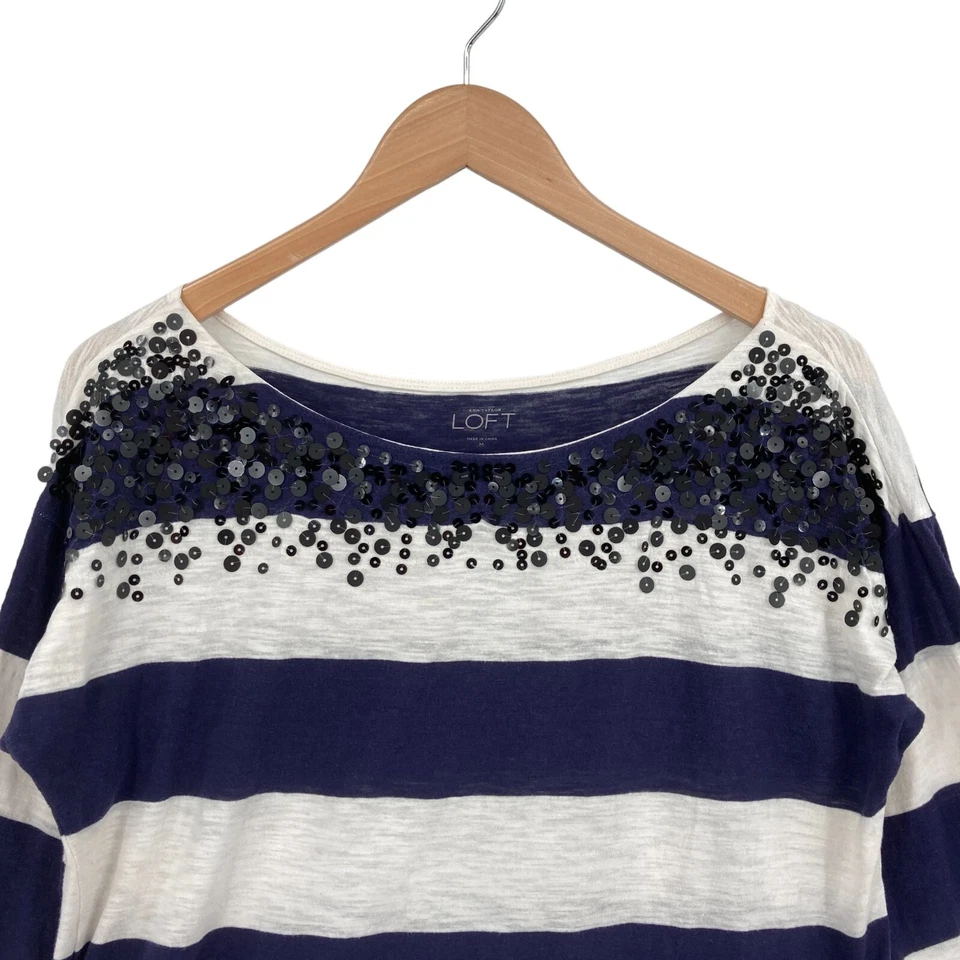 LOFT Shirt Top Womens Medium Navy White Striped Cotton Boat Neck Sequin Pullover - Image 3 of 4