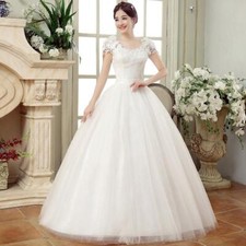 Womens V-neck Floor-length Wedding Dress Full Length Lace Floral Princess Puffy