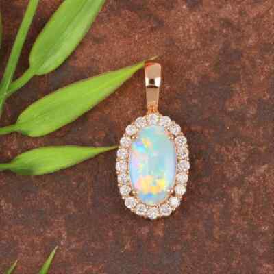 3Ct Oval Cut Created Fire Opal Halo Pendant 14k Rose Gold Over 18''Free Chain
