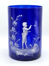 Cobalt Blue Museum Displayed Antique Handpainted Mary Gregory Shaving Vase 8”