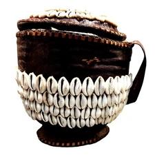 Antique African Tribal Art Hausa Cowrie Shell Hand Basket 8" Leather Handle Trim