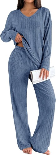 Womens 2 Piece Lounge Set Long Sleeve Knit Ribbed Pajamas Casual Loungewear