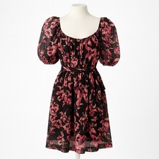 Charles Henry Floral Dress Puff Sleeve Black Pink Romantic Boho Valentines NEW