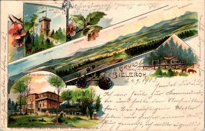 LITHO GRUSS AUS BEIERSDORF KR. GÖRLITZ BIELEBOH BERG GASTHAUS 4 BILD COL. 1903