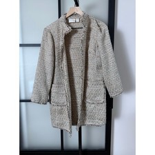 Chico s Tweed Frayed Jacket Taupe Gold Size 1 Medium