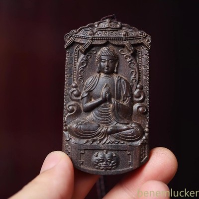 7cm Agarwood Wood Carving Buddha Statue Guardian Deity Pendant Necklace Retro