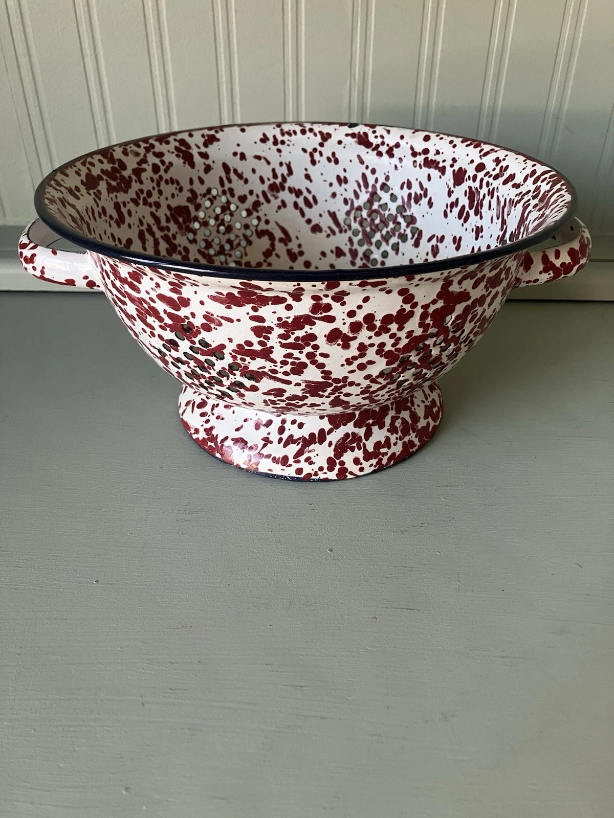 Vintage Red White Speckled Enamelware Strainer Colander Plant Holder Decor