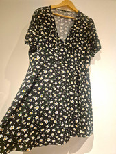 Black Daisy Floral A-Line Dress V-Neck Short Sleeve Knee Chiffon 3XL Plus