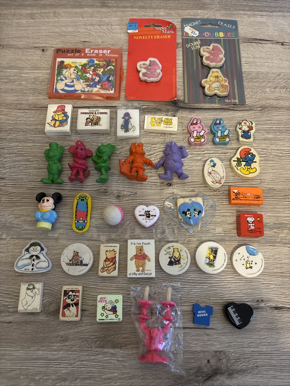 x38 Vintage 1980s NOVELTY ERASERS - Disney MIFFY Snowman SNOOPY Smurfs CARE BEAR