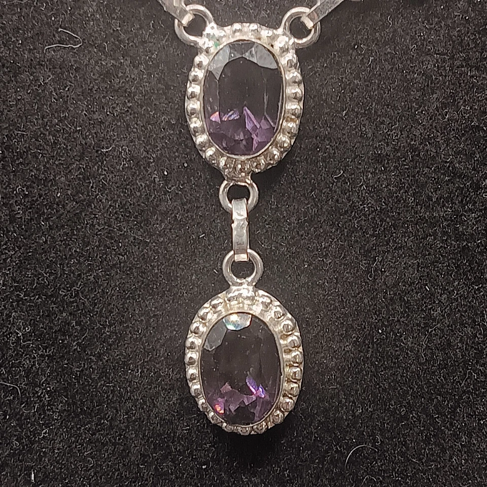925 Oval Multi Cabochon Necklace Purple Glass Stones Qty 6, Y-Shaped 20" - Image 2 of 4
