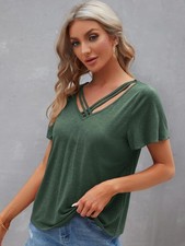 Dark green L Women V neck Tops Plus Size Holiday Casual Plain Loose Blouse shirt