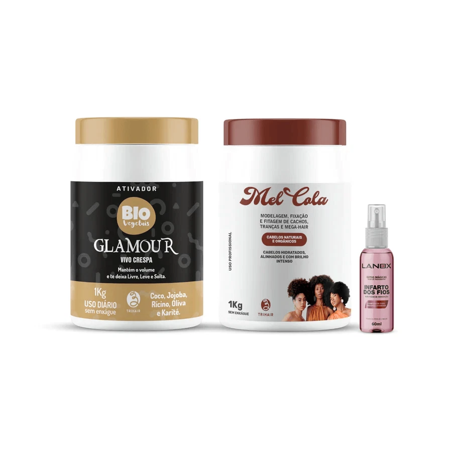 Trihair Curl Kit - Vivo Crespa + Mel Cola + Lanox Magic Drops Hair Repair Set
