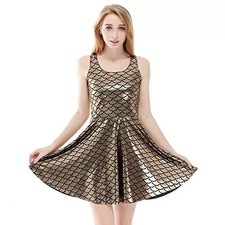 SALES Gold Shiny Wet Look Fish Scale Skater Mini Dress Party UK Size 8