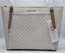 New Bag Michael Kors Voyager Large Logo Top-Zip Tote Bag Vanilla / Acrn NWT