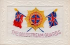 THE COLDSTREAM GUARDS: WW1 EMBROIDERED MILITARY SILK POSTCARD: SPELLING MISTAKE