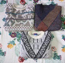 LOT OF 3 VINTAGE 80s 90s ABSTRACT ACRYLIC WOOL SWEATERS MEDIUM GRUNGE