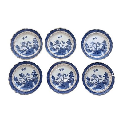 6x Booths Real Old Willow Pattern Teller England Vintage Blau Weiß Goldrand