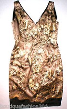 New T Tahari Foil Gold Metallic Dress Black Brown Womens 6 Floral Designer Party