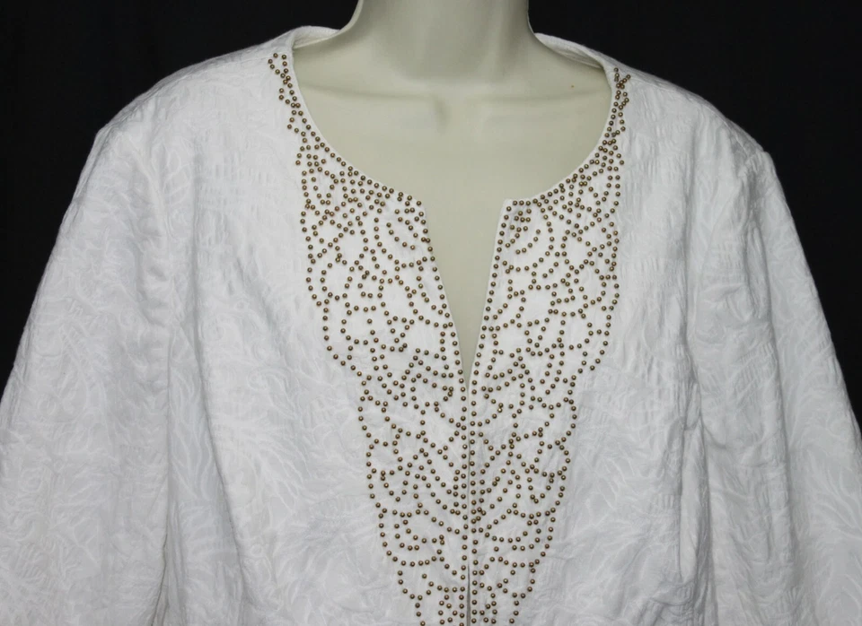 Jones New York Woman Blazer Jacket White Texture Beaded Detail Long Cotton 2X - Image 3 of 4