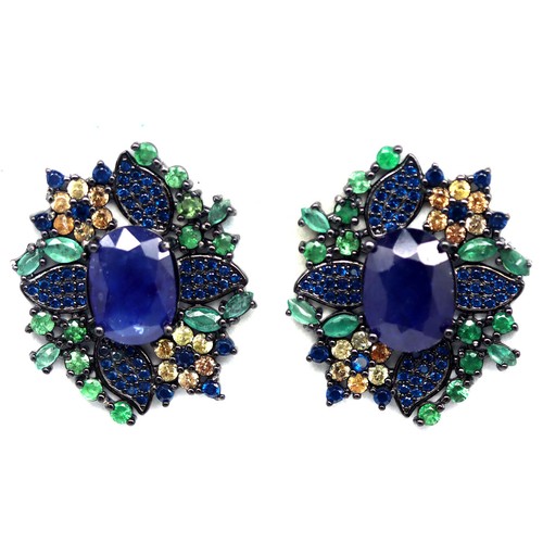 925 Silver Blue - Fancy Sapphire, Emerald, Tsavorite & Cubic Zirconia Earrings