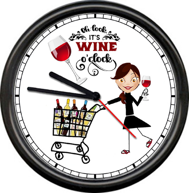 Oh Look It's Wine O'Clock Shopping Girl Bottles Party Kitchen Sign Wall Clock