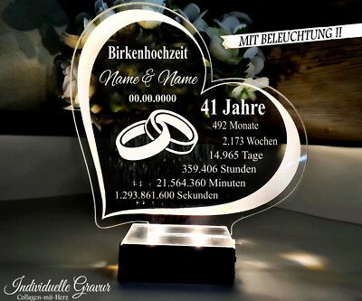 Geschenk  Birkenhochzeit 41 Jahre Hochzeitstag Gravur BELEUCHTET LED
