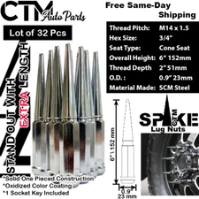 32Pc 6" TALL CHROME M14x1.5 XL SPIKE LUG NUT+KEY FIT CHEVY SILVERADO 8-LUG TRUCK