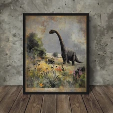 Vintage DINOSAUR BOTANICAL Wall Art, Jurassic Flower Decor, Dino Floral Print