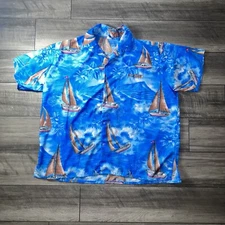 Paradise Found Shirt Mens XXL Blue Sailboats Hawaiian Button Up Beach