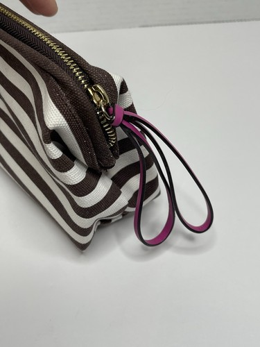 Borsa cosmetica trucco Henri Bendel New York marrone e bianca a righe con cerniera - Foto 5 di 6