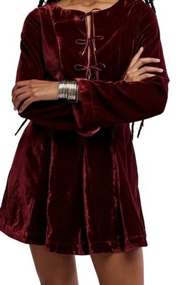 Free People Cabernet Red Velvet Lace Up Mini Dress Long Sleeve Size 8