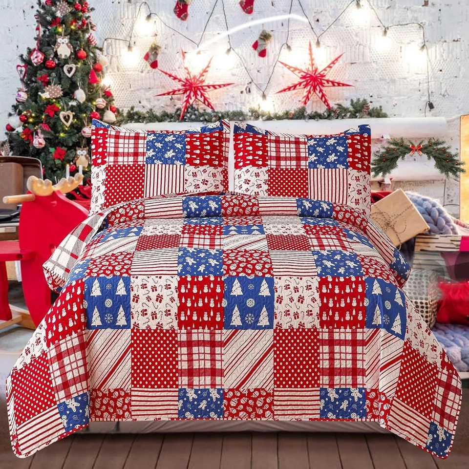 Christmas Bedding Quilts Set King Size Reversible Xmas Bedspread Red Plaid Be... - Image 2 of 4