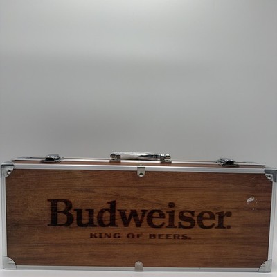 Budweiser BBQ Grill Tool Set Wood Case Spatula And Brush Beer Barware.