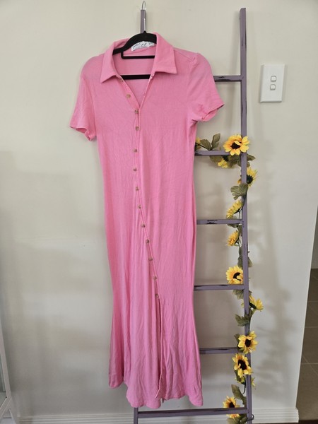 Petal + Pup Size 12 Pink Solid Knit Ribbed Button Front Collared Maxi Dress