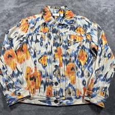 Chico's Jacket Womens 1 Multicolor Linen Ikat Graphic Print Casual Button Front