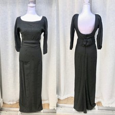1970 Balck long tailored midi dress lower open back eyelet floral embroidery