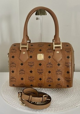 Authentic MCM Visetos Monogram Cognac Boston Crossbody Handbag Adjustable Strap