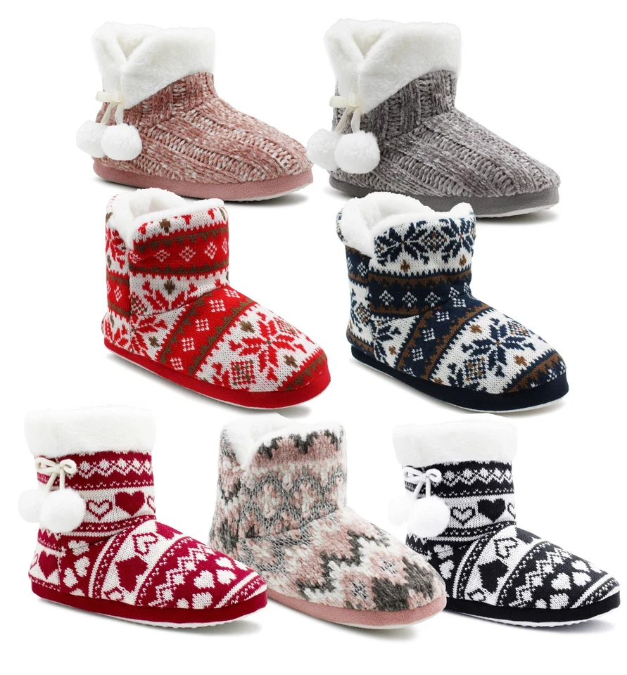 IMTY Womens Winter Ankle Slippers Boots Knitted Fair Isle Fur Lined Slip On Bootee