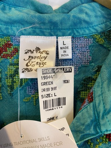 Parsley and Sage Size Large Blue Green Embroidered Floral Chrissy Shirt NWT - Imagen 6 de 8