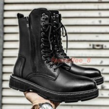 Plus Size Men High Top Side Zipper Riding Boots Lace Up Leather Motorcycle Boots