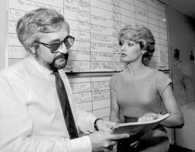 Talk Show Host Mary Hart with Producer Vin DiBona inside Newsroom - Old Photo