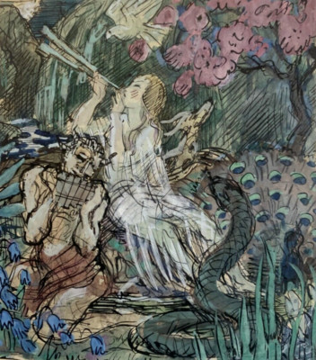 Gouache Mythologische Szene Göttin Schlange Satyr Bacchus Pan Flöte Natur